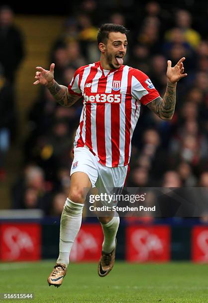 Joselu of Stoke City celebrates scoring his team's second goal during the Barclays Premier League match between Watford and Stoke City at Vicarage...