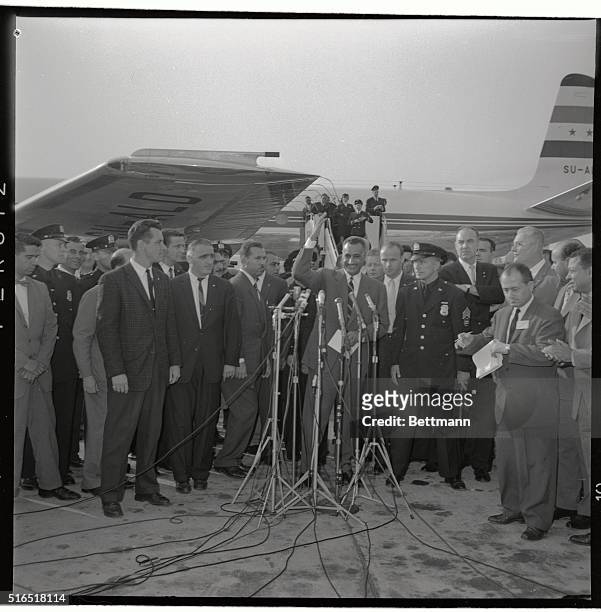 President of Egypt, Gamal Nasser arrives here at the Idlewild Airport in the U.S.