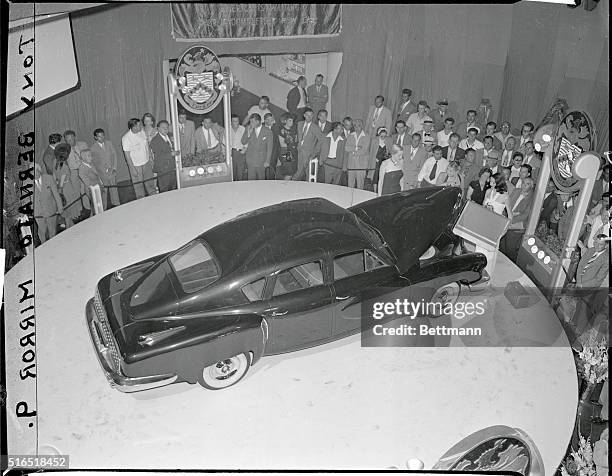 Press preview of 1948 Tucker car. New York, New York: The new 1948 Tucker car went on display today the Museum of Science and Industry at Radio City...