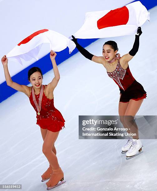 Marin Honda and Wakaba Higuchi celebrates their first and third place in the top three of the Ladie's Figure Skating program of the ISU World Junior...