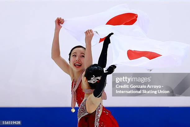 Marin Honda and Wakaba Higuchi celebrates their first and third place in the top three of the Ladie's Figure Skating program of the ISU World Junior...