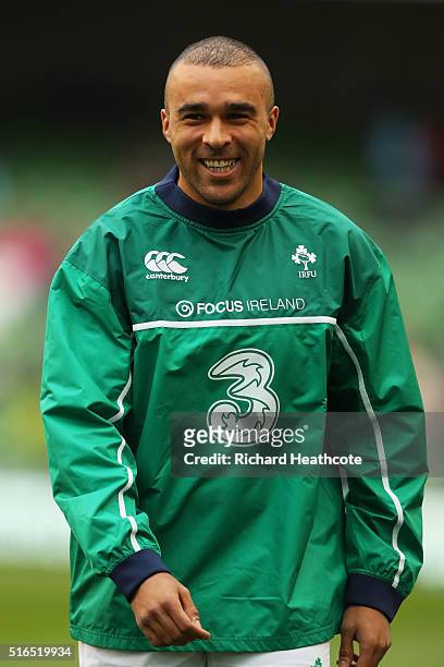 Simon Zebo of Ireland warms up prior to kickoff during the RBS Six Nations match between Ireland and Scotland at the Aviva Stadium on March 19, 2016...