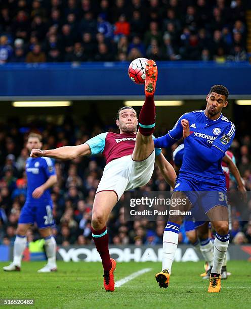 Andy Carroll of West Ham United attempts an overhead kick during the Barclays Premier League match between Chelsea and West Ham United at Stamford...