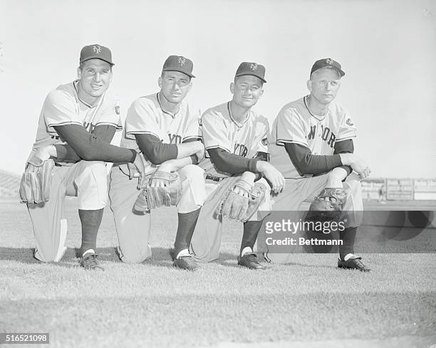 Giants Spring Training. Phoenix, Arizona: Giants probable opening day infield. Left to right, Bobby Thomson, third base; Alvin Dark, shortstop; Dave...