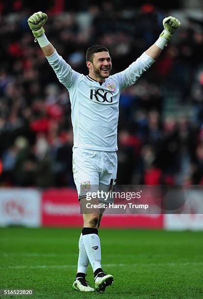 Richard O'Donnell of Bristol City celebrates as Joe Byram of Bristol City scores his sides sixth goal during the Sky Bet Championship match between...