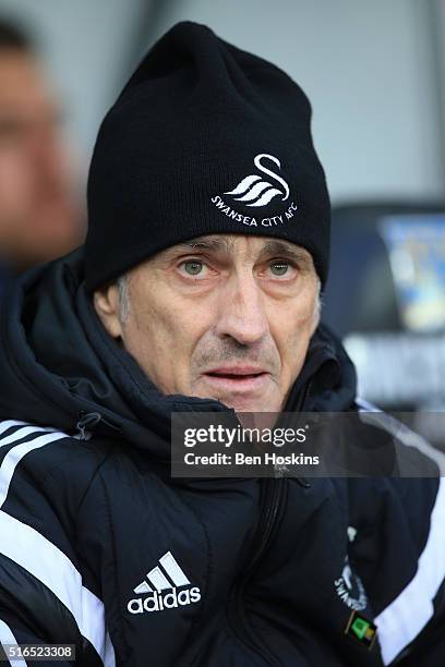 Francesco Guidolin, Manager of Swansea City looks on prior to the Barclays Premier League match between Swansea City and Aston Villa at Liberty...