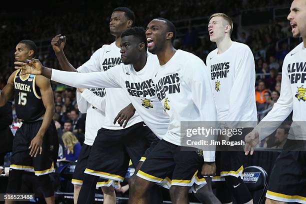 The Wichita State Shockers bench reacts in the second half against the Miami Hurricanes during the second round of the 2016 NCAA Men's Basketball...