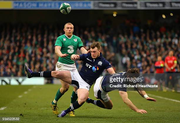 Mix up between Stuart Hogg and Tommy Seymour of Scotland gifts a try to Keith Earls of Ireland during the RBS Six Nations match between Ireland and...
