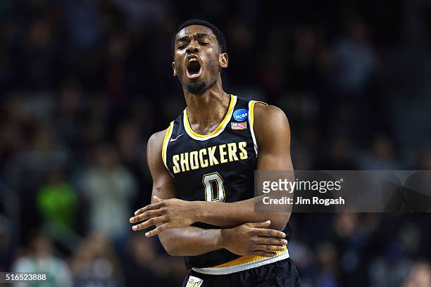 Rashard Kelly of the Wichita State Shockers reacts in the second half against the Miami Hurricanes during the second round of the 2016 NCAA Men's...