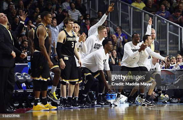 The Wichita State Shockers bench reacts in the second half against the Miami Hurricanes during the second round of the 2016 NCAA Men's Basketball...