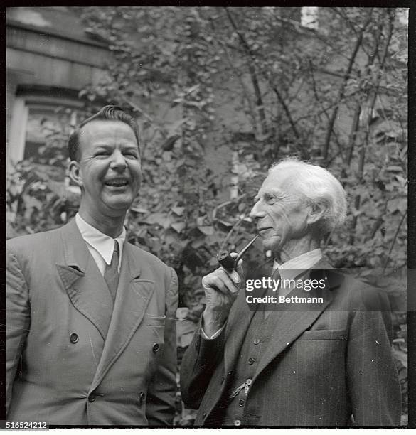 The English mathematician and philosopher Bertrand Arthur William Russell, is shown here with one of his friends. Russell won the Nobel Peace Prize...