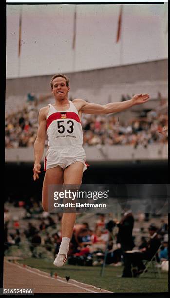 Mexico City: Hans Walde of West Germany in Long Jump event, in the 1968 Olympics Decathlon