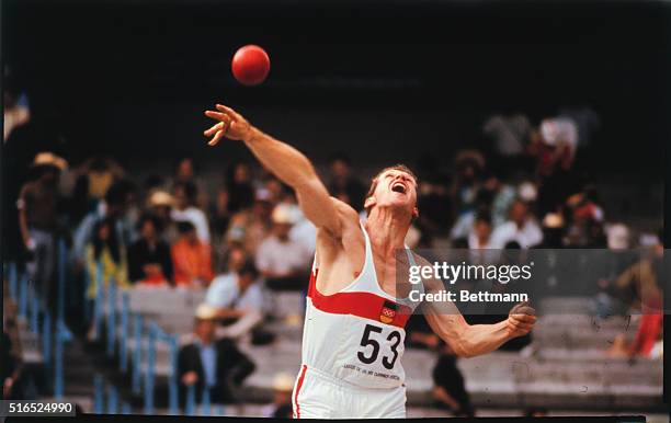 Mexico City: Hans Walde tosses the ball in Sot Put event of the two-day 1968 Olympic Decathlon. He placed second in the ten-event games.