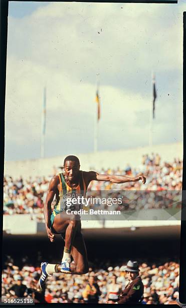 Mexico City: Nelson Prudencio of Brazil in the Triple Jump event of the 1968 Olympics. He won the Silver medal for second place in the event.