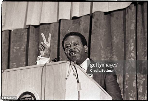 Boston, MA- Dr. Ralph Abernathy, President of teh Southern Christian Leadership Conference, is shown giving a peace sign at his speech at Boston...