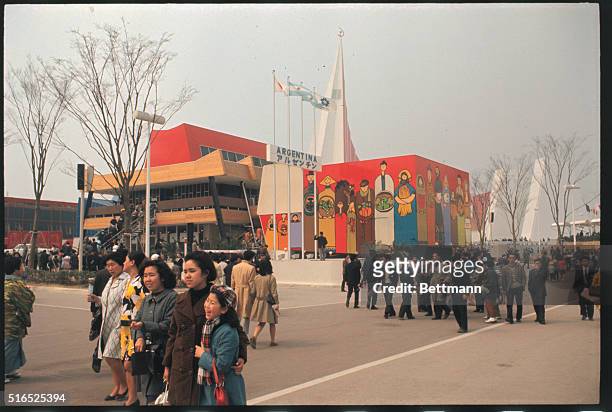 Osaka, Japan: Visitors near the Argentine Pavilion at Expo '70 is Osaka, March 28th. This is the first World's Fair ever to be held in Asia.