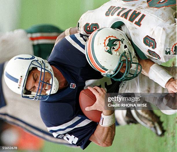 Miami Dolphins' defensive end Jason Taylor sacks Indianapolis Colts' quarterback Jim Harbaugh in the fourth quarter action in the NFL season opener...