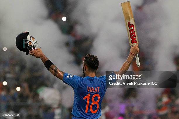 Virat Kohli of India celebrates after India won during the ICC World Twenty20 India 2016 match betweenÂ Pakistan and India at Eden Gardens on March...