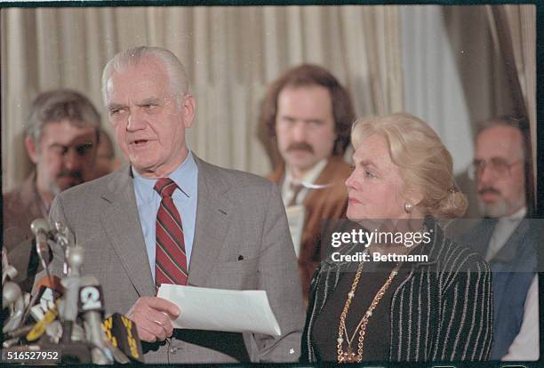 New York: Retired Gen. William Westmoreland speaks at a news conference announcing a settlement with CBS in his $120 million libel suit, as his wife...