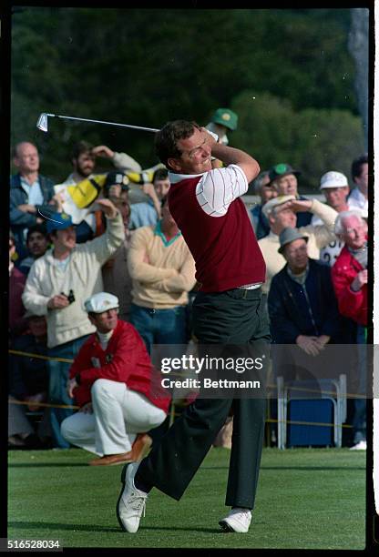 Photos include general crowd and course scenes, action shots of Curtis Strange, action shots of winner Mark O'Meara and O'Meara with trophies.