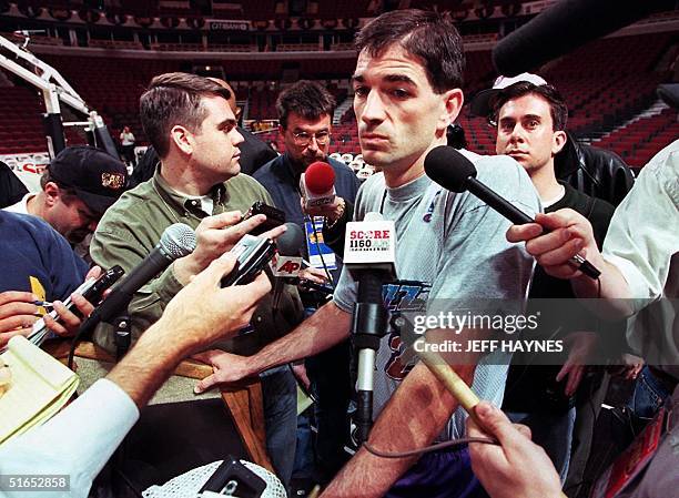 John Stockton of the Utah Jazz talks to reporters 02 June during a press conference before his morning workout at the United Center in...