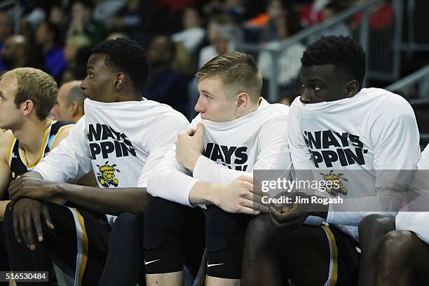 The Wichita State Shockers bench reacts in the second half against the Miami Hurricanes during the second round of the 2016 NCAA Men's Basketball...