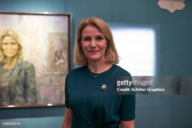 Former Danish Prime Minister Helle Thorning-Schmidt attends the 'Jonathan Yeo Portraits' exhibition opening at the Museum of National History at...