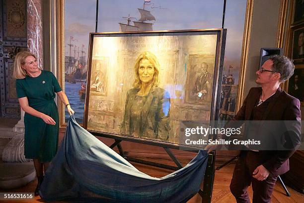 Helle Thorning-Schmidt and Jonathan Yeo unveil the first official portrait of the former Danish Prime minister during the 'Jonathan Yeo Portraits'...