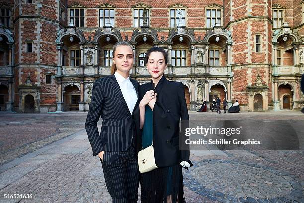 Cara Delevingne and Annie Clark attend the 'Jonathan Yeo Portraits' exhibition opening at the Museum of National History at Frederiksborg Castle on...