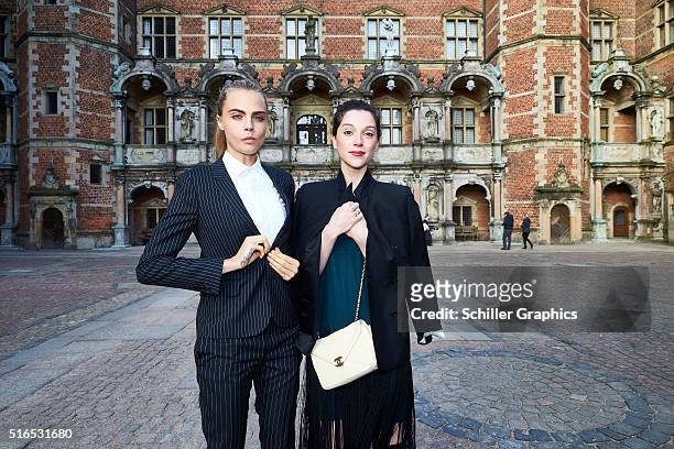 Cara Delevingne and Annie Clark attend the 'Jonathan Yeo Portraits' exhibition opening at the Museum of National History at Frederiksborg Castle on...