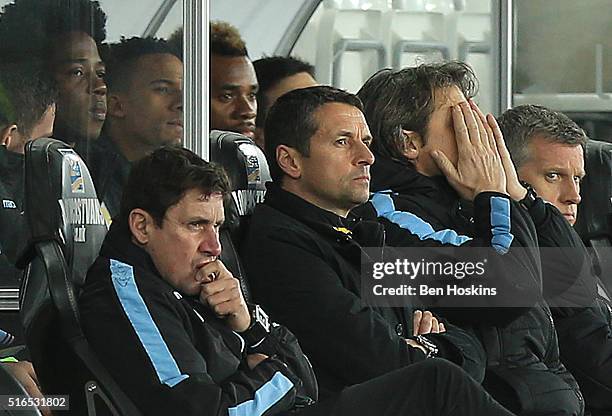 Remi Garde Manager of Aston Villa looks on during the Barclays Premier League match between Swansea City and Aston Villa at Liberty Stadium on March...