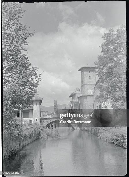 St. Jean Pied-de-Port in the Basque country - river scene in the town reflects old architectural charm.