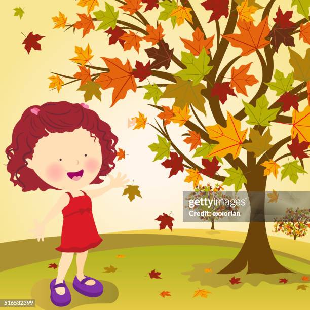 ilustraciones, imágenes clip art, dibujos animados e iconos de stock de little girl luego salga en otoño - arce rojo
