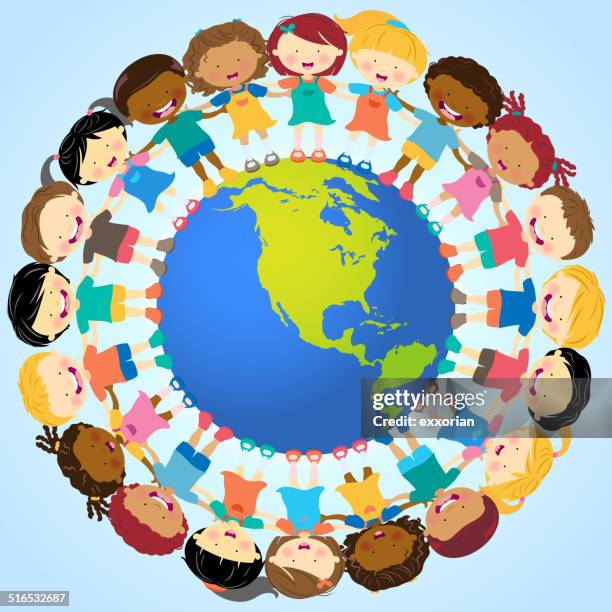 multi-ethnic kids holding hands around globe - people holding hands around globe stock illustrations