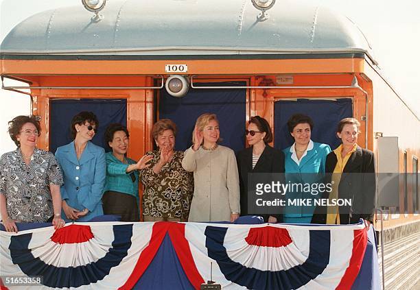 Spouses of the leaders attending the Denver Summit of the Eight wave from the back of a Winter Park Ski Train that will take them on a scenic ride to...