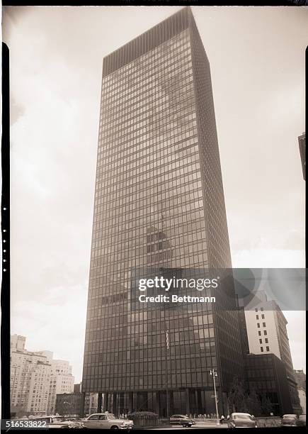 New York, NY: Seagram Building, Park Ave and E.53 St; glass-enclosed bronze skyscraper; Ludwig Mies van der Rohe, with Philip Johnson, architect,...