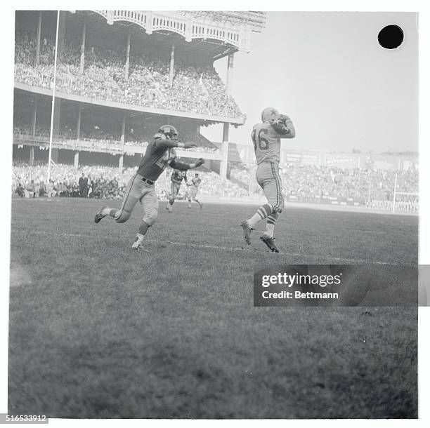 Payoff catch...Dallas' Dick Bielski hauls in a TD pass from LeBaron as Giants' Dick Nolan charges in vain towards Bielski.