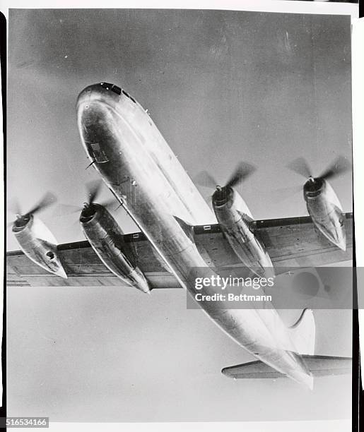 The Boeing Stratocruiser is shown. The luxury, passenger and cargo transport in flight, would carry 72 to 100 passengers with extreme range and...