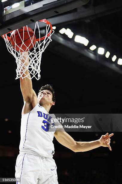 Grayson Allen of the Duke Blue Devils dunks the ball in the first half against the Yale Bulldogs during the second round of the 2016 NCAA Men's...