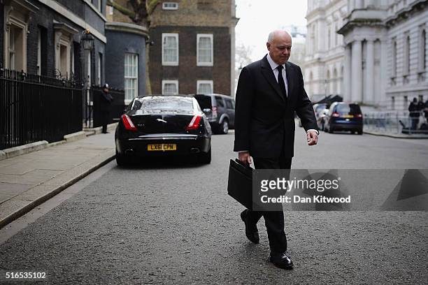 Secretary of State for Work and Pensions Iain Duncan Smith leaves Downing Street after a Cabinet Meeting on March 16, 2016 in London, England. The...