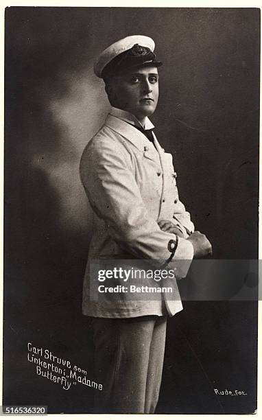 Actor Carl Struve, 50 M Linkertoni, in Puccini's production of Madame Butterfly. He is wearing military costume. Publicity shot. Undated.