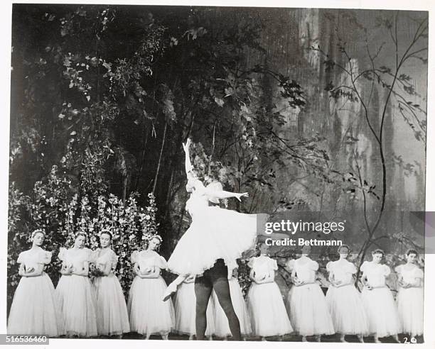 Prima ballerina Galina Ulanova , the supreme example of the Soviet school of ballet, getting a lift from her partner, Nicolai Fadeyechev, in a...