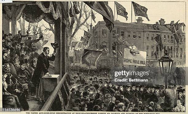 The ulster anti-home- rule demonstration at Belfast procession passing Mr. Balfoour, and burning of the Home-Rule Bill on April 4, 1893.