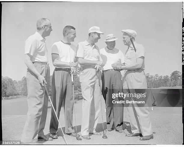 Prexy Plays in Fast Company. Augusta, Georgia: President Eisenhower played a round of golf today with a trio of big leaguers, and is shown here...