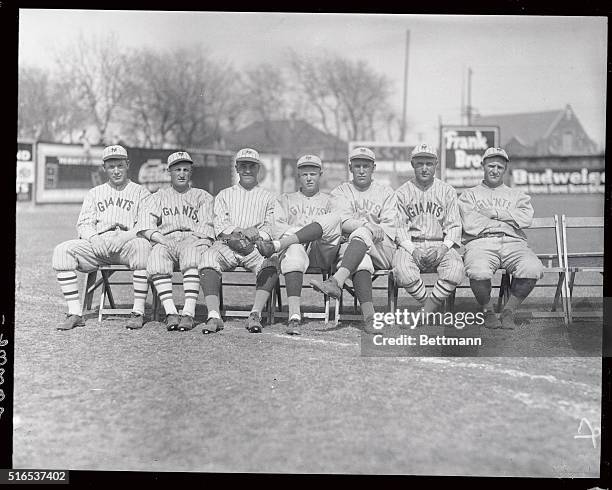 Left to right and shown here are Emil "Irish" Meusel, Casey Stengel, Johnny Rawlings, John Black, Dave Bancroft, and Joe Berry of the New York Giants.