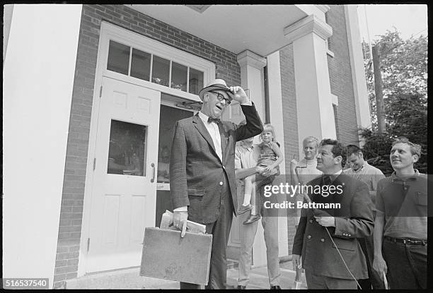 Edgartown, Mass.: Judge James A. Boyle tips his hat as he leaves the Edgartown District Court after meeting with District Attorney., Boyle Dinis....