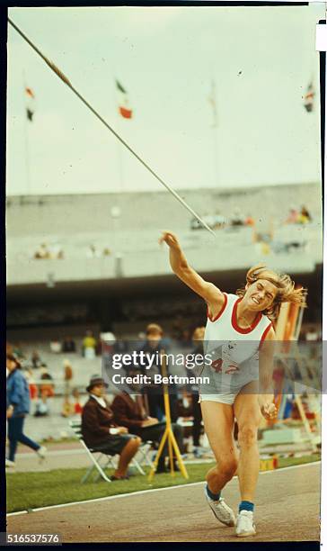 Mexico City: Austria's Eva Jenko in Women's Javelin event, 1968 Olympics in which she placed third and won the bronze medal.