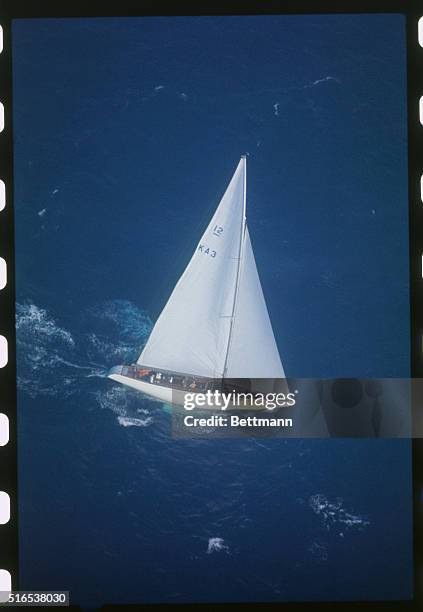 Newport, R.I.: Airviews of the Australian 12 meter America's Cup challenger, Gretel II, during race against Intrepid. Gretel lost and is now three...