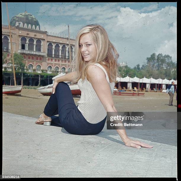 Venice Lido, Italy- ORIGINAL CAPTION READS: Swedish starlet Eva Tholin , who appeared in "17/23" directed by Bo Larson, and also "Curiosita Blu" by...