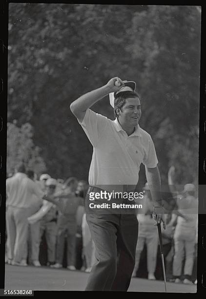 Dave Stockton pitches his hat into the air after sinking a bogie 5 putt on the par 4 and 18th hole of the final round of the 52nd PGA Championship....